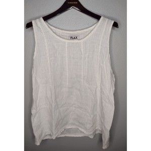 FLAX Womens 100% Linen Tank Top Large White Striped Lagenlook Minimalist S1